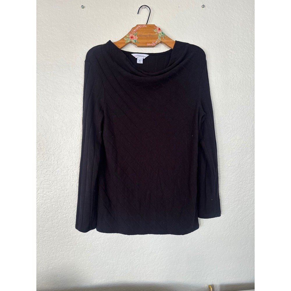 Liz Claiborne Top Size M Black Cowl Neck Ribbed Knit Long Sleeve Sweater